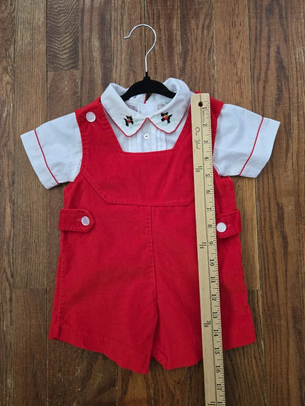 Vintage Baby 2Pc Set Red Velvet Romper Scotty Dog Embroidered Shirt 12-18M